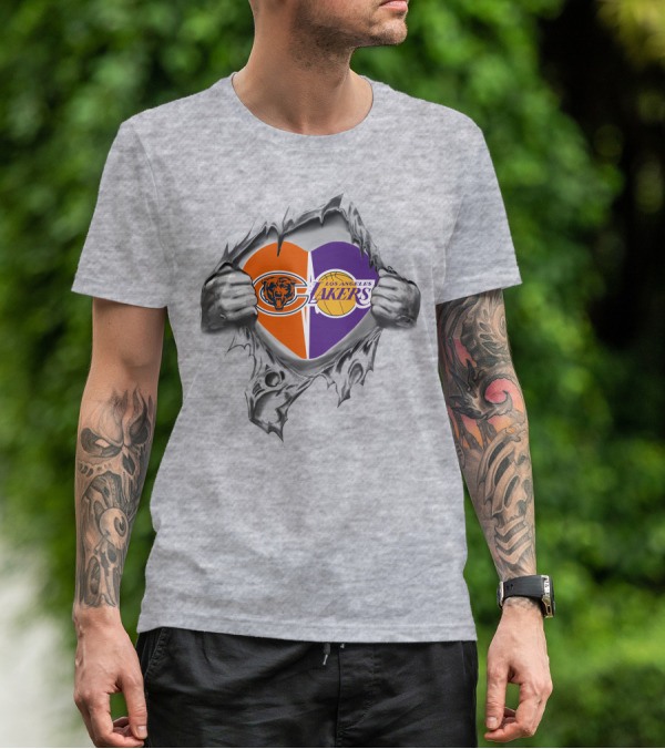 Bears Lakers Heart Torn Open With Chicago And Los Angeles Logos T-Shirt