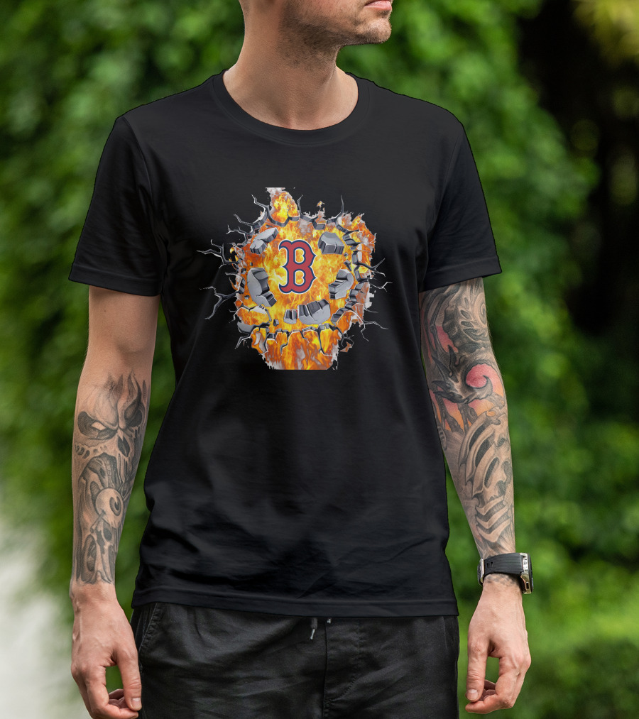 Boston Red Sox B Logo With Cracking Fiery Explosion T-Shirt