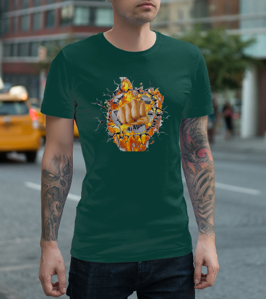Steel Hands Fist Breaking Through Fiery Wall T-Shirt