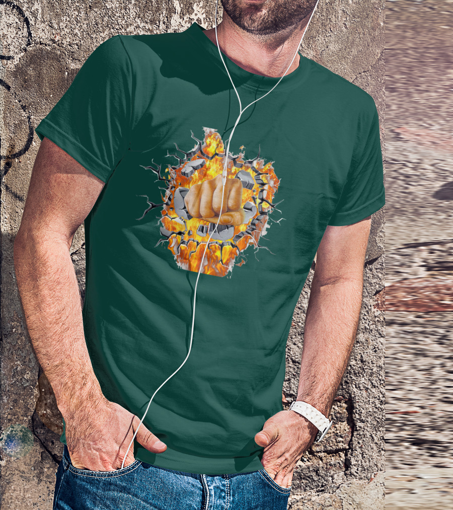 Steel Hands Fist Breaking Through Fiery Wall T-Shirt