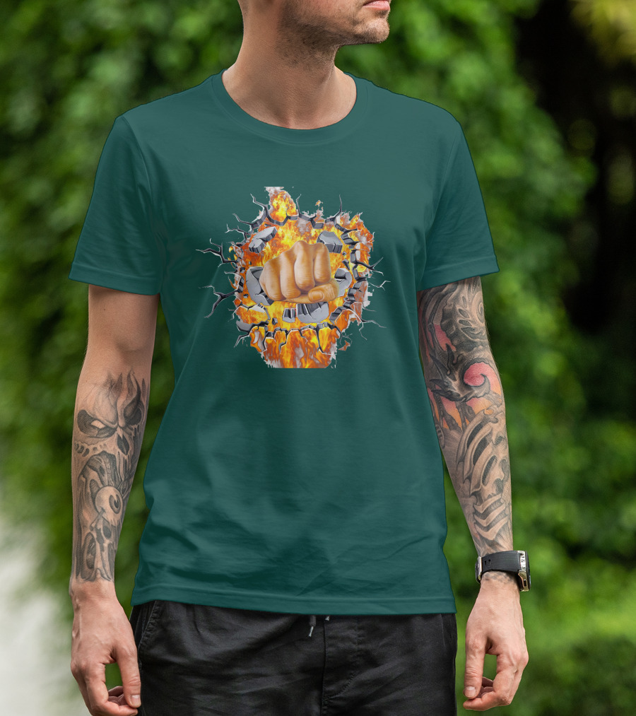 Steel Hands Fist Breaking Through Fiery Wall T-Shirt