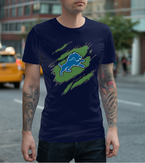 Detroit Lions Blue Roaring Lion With Claw Marks T-Shirt