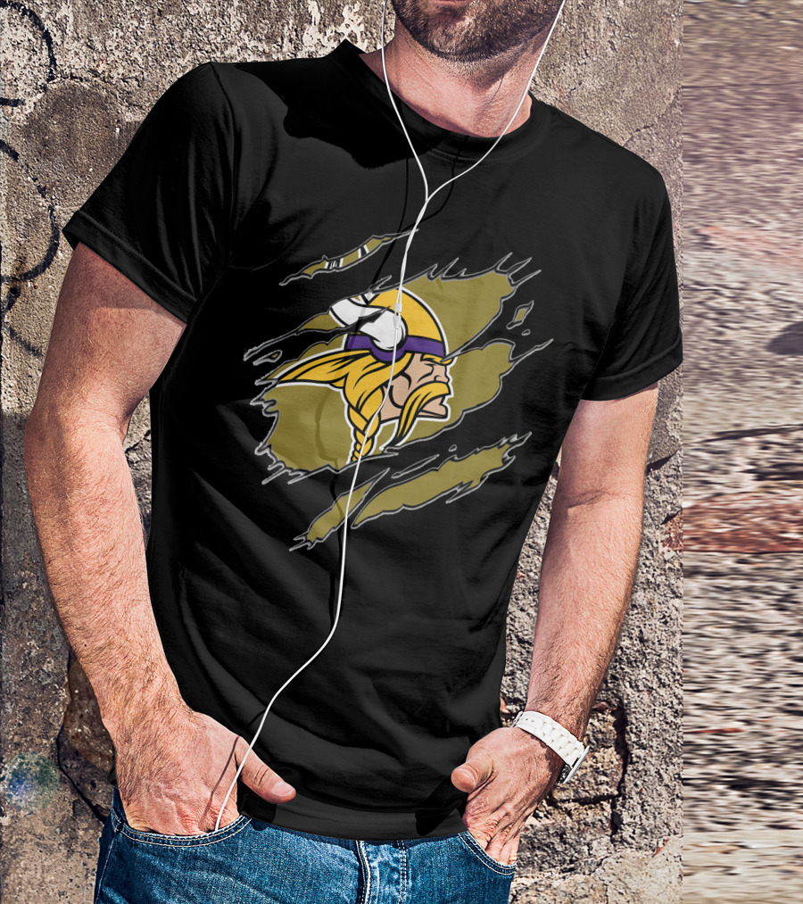 Minnesota Vikings Helmet And Warrior Tear Effect T-Shirt