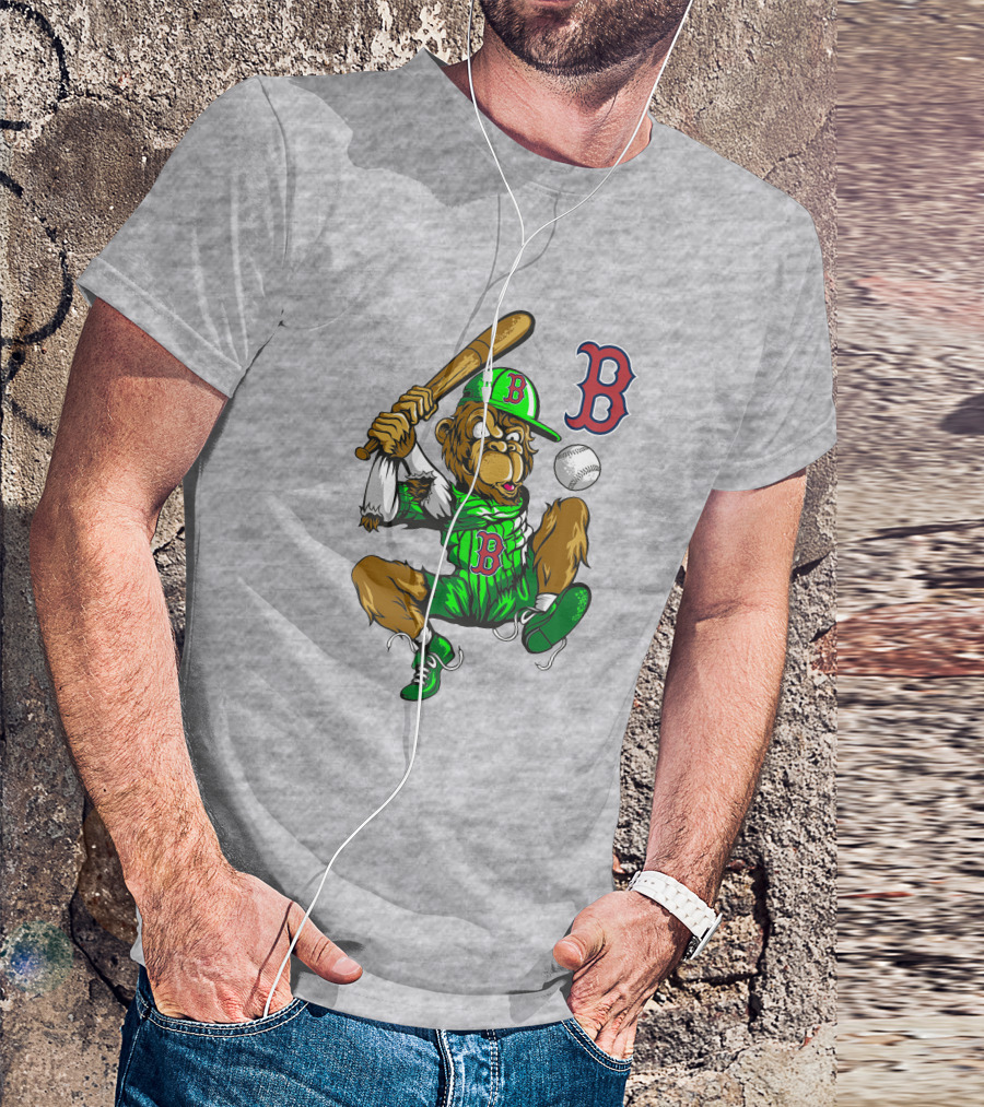 Boston Red Sox B Logo Cartoon Baseball Player With Bat And Uniform T-Shirt