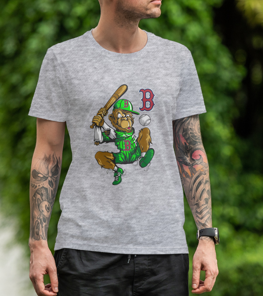 Boston Red Sox B Logo Cartoon Baseball Player With Bat And Uniform T-Shirt