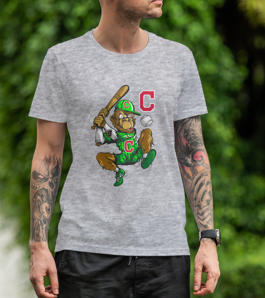 Cleveland Indians Home Run C Logo Green Jersey Baseball Bat Mascot T-Shirt
