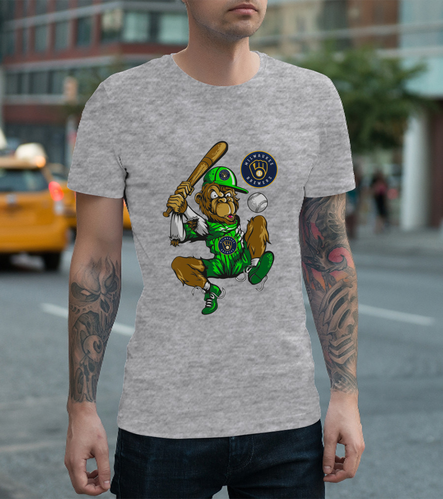 Milwaukee Brewers Baseball Mascot Swinging Bat In Green Uniform T-Shirt