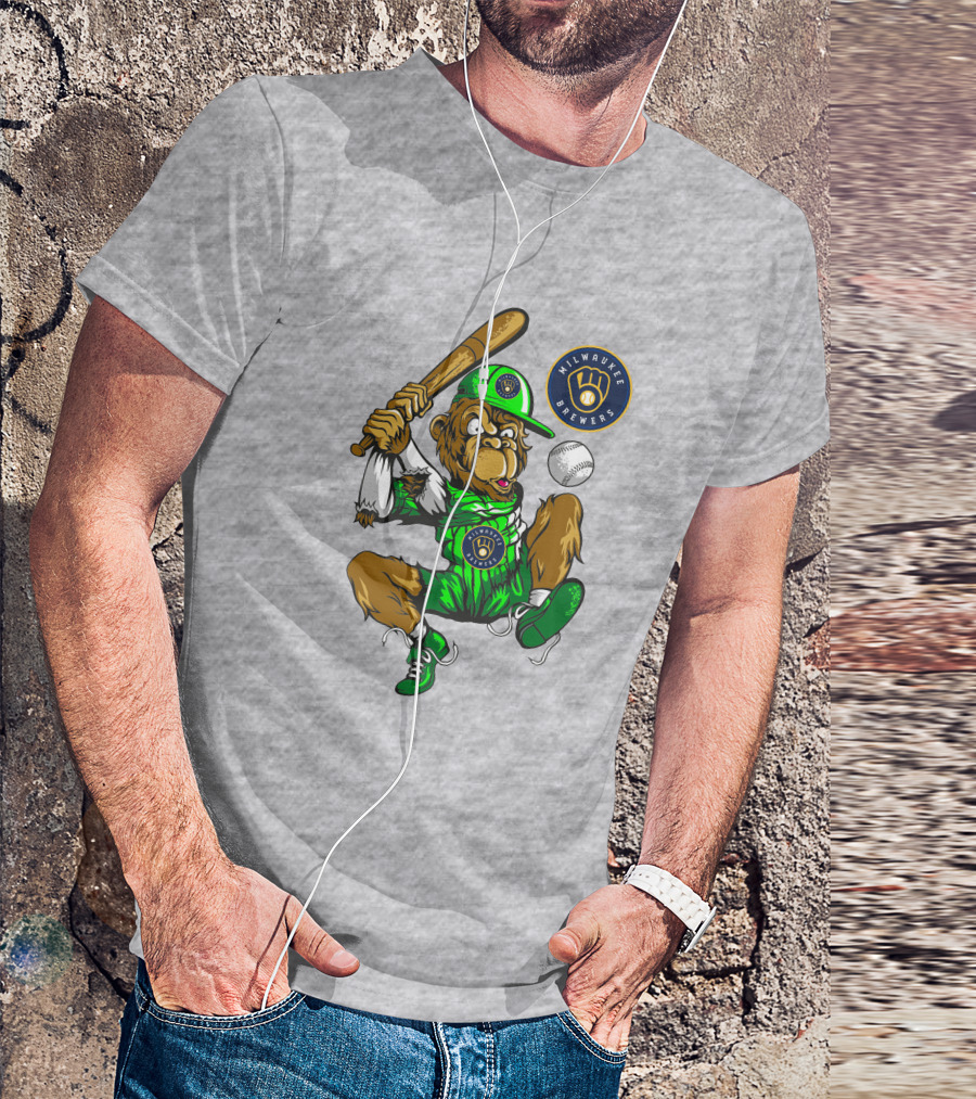 Milwaukee Brewers Baseball Mascot Swinging Bat In Green Uniform T-Shirt