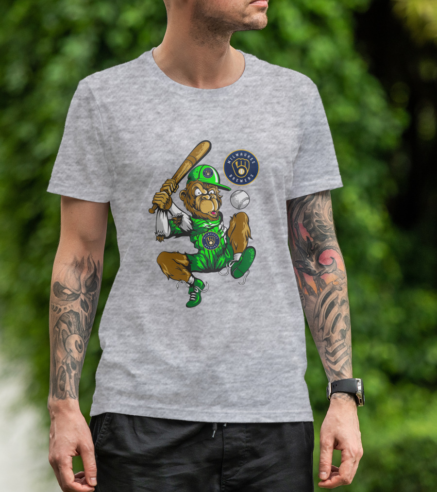 Milwaukee Brewers Baseball Mascot Swinging Bat In Green Uniform T-Shirt