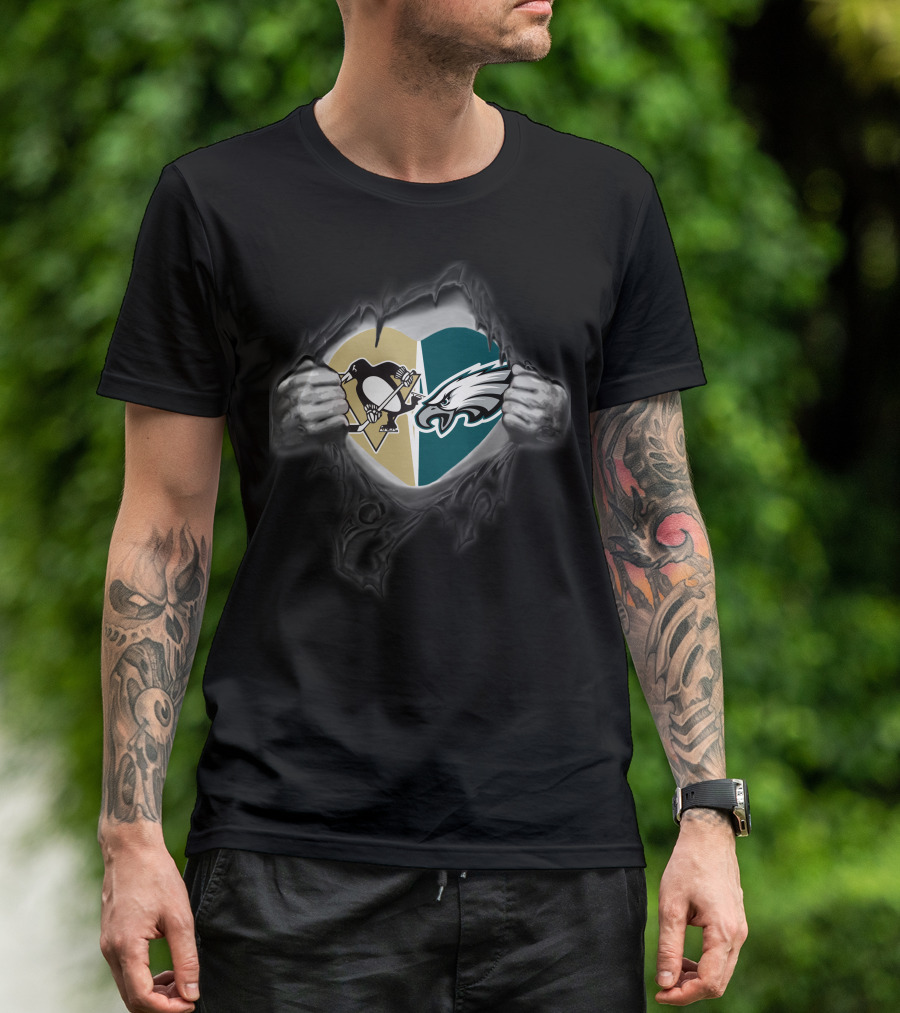 Philadelphia Eagles Pittsburgh Penguins Heart Combination T-Shirt