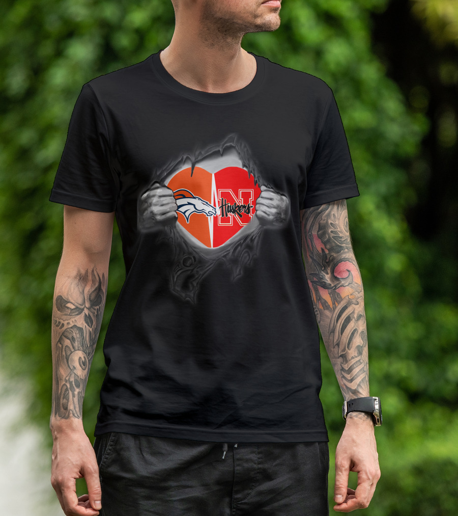 Broncos Huskers Logo Heart Rip T-Shirt