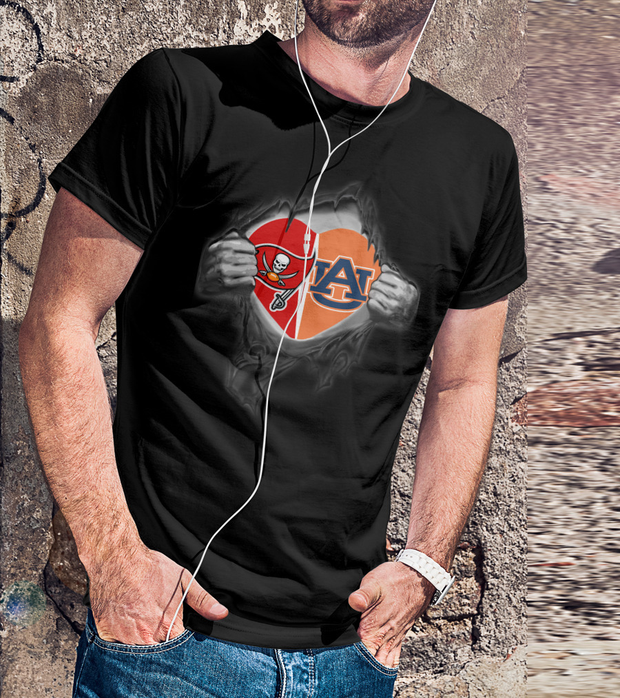 Tampa Bay Buccaneers Auburn Tigers Heart Emblem Peeling Back Layers T-Shirt