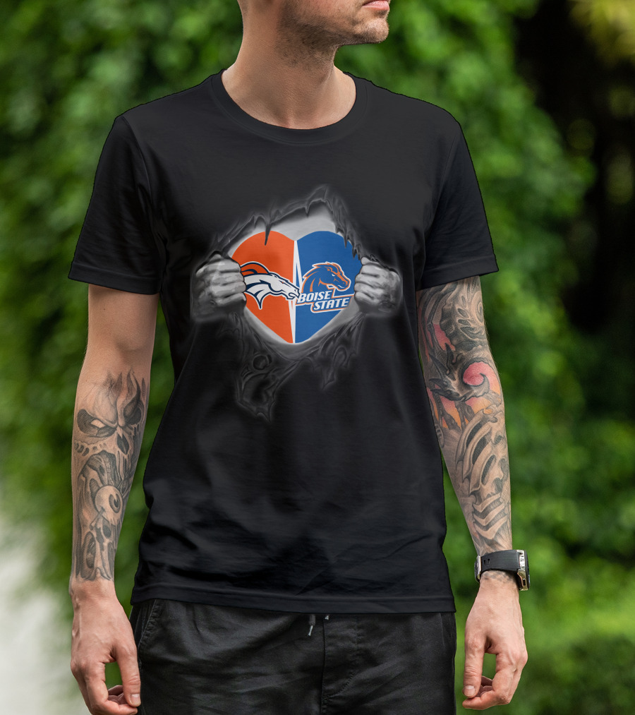 Denver Broncos Boise State Heart Split Logos Torn Chest T-Shirt
