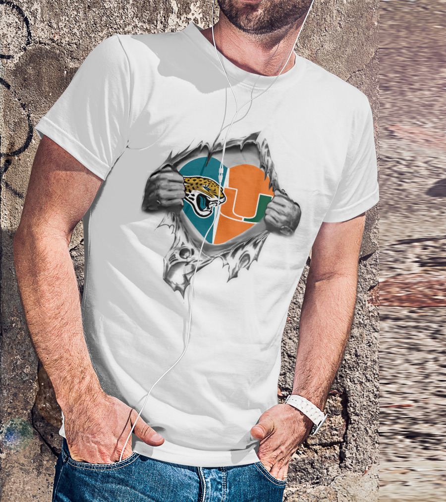Jaguars Miami Hurricanes Heart Symbol Ripping T-Shirt