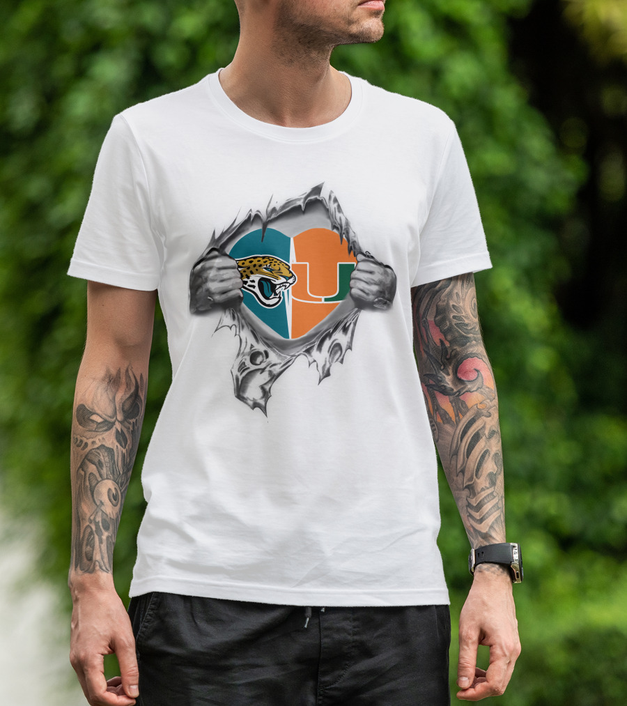 Jaguars Miami Hurricanes Heart Symbol Ripping T-Shirt