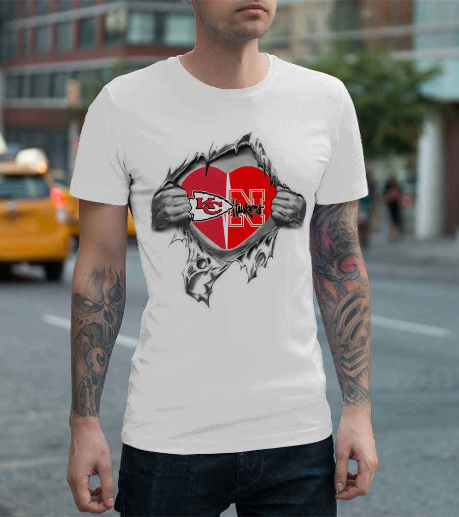 Kansas City Chiefs Nebraska Cornhuskers Heart Logo Fan Emblem T-Shirt