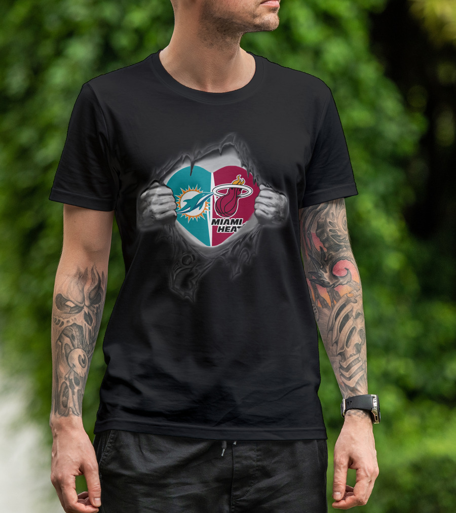 Miami Dolphins Miami Heat Heart Logo Fusion T-Shirt