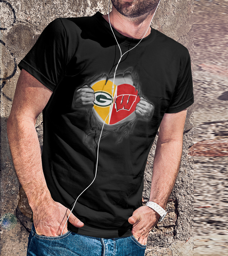 Packers Badgers Heart Tearing Open T-Shirt