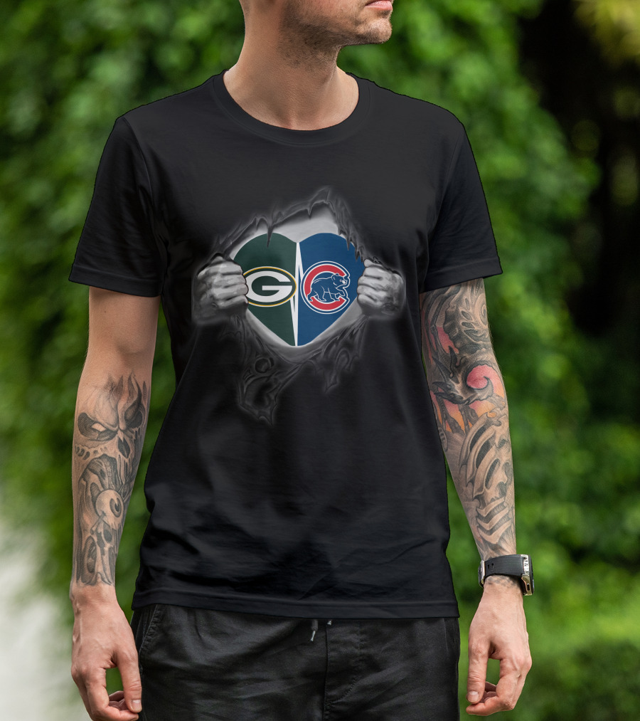 Packers Cubs Heart Logos Torn Reveal T-Shirt
