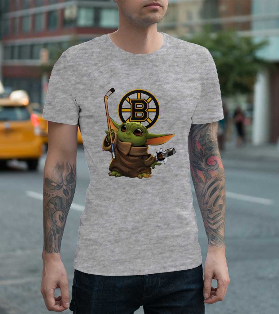 Boston Bruins Baby Yoda Hockey Stick Puck Character T-Shirt