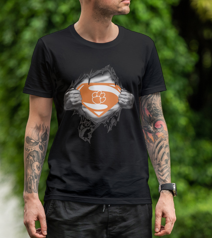 Clemson Super Man Orange Shield With Paw T-Shirt