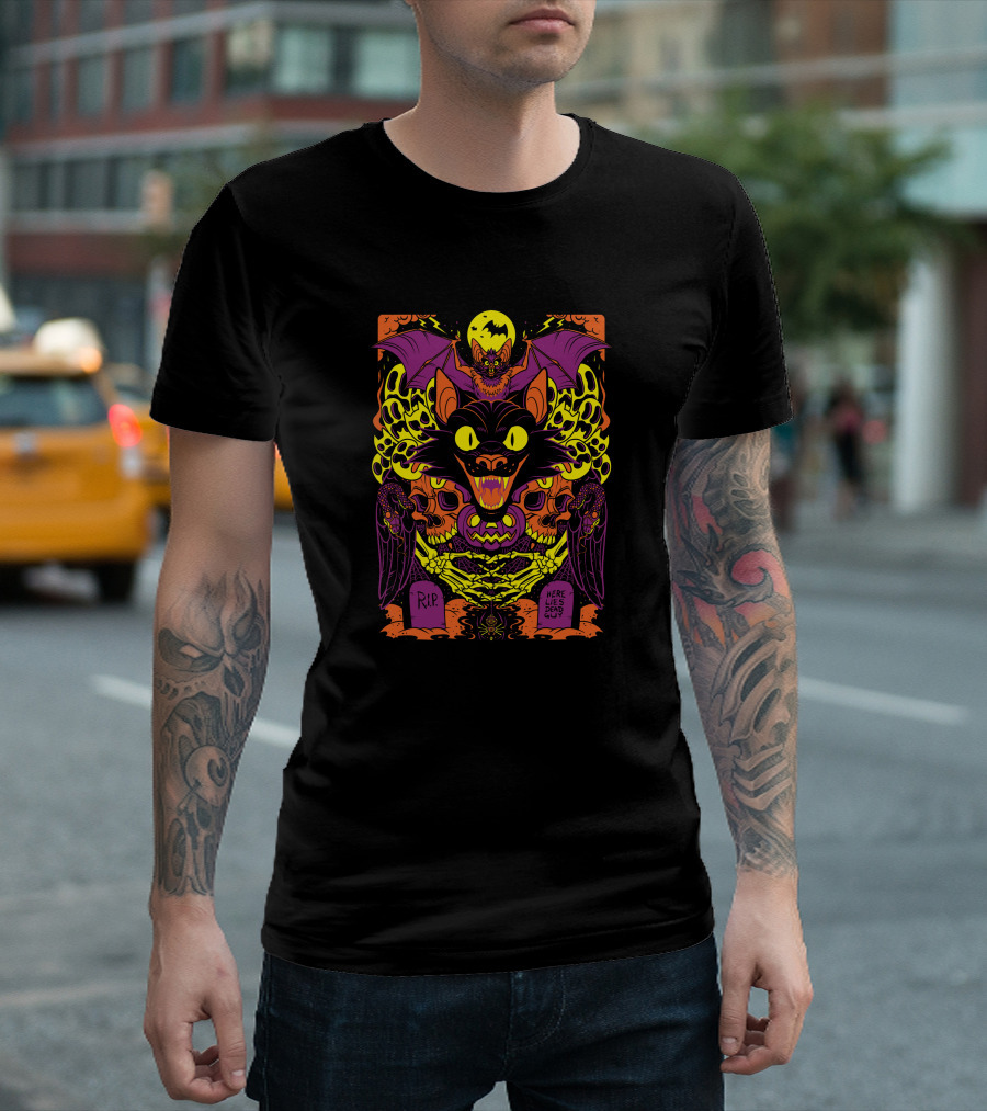 Stablercake Halloween Every Day R.I.P Here Lies Dead Guy Skull and Bat T-Shirt