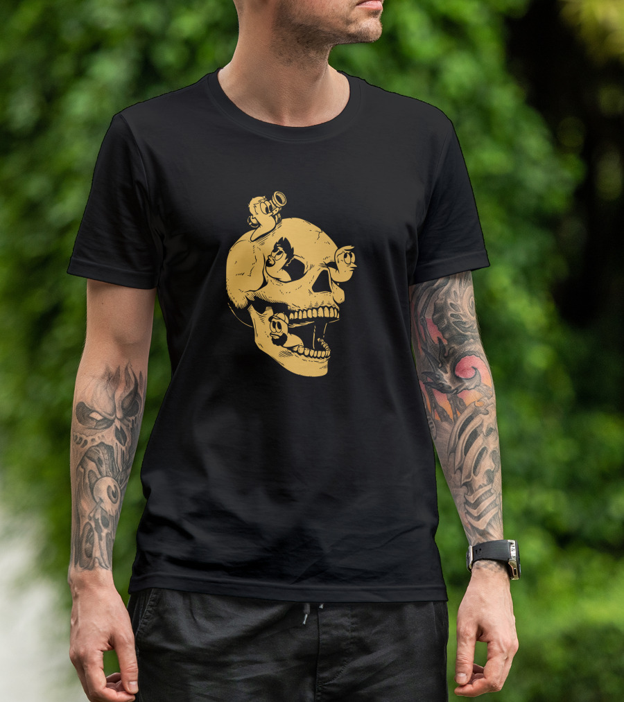 Sweet Skull Gold Variant With Worms And Cartoon Characters T-Shirt