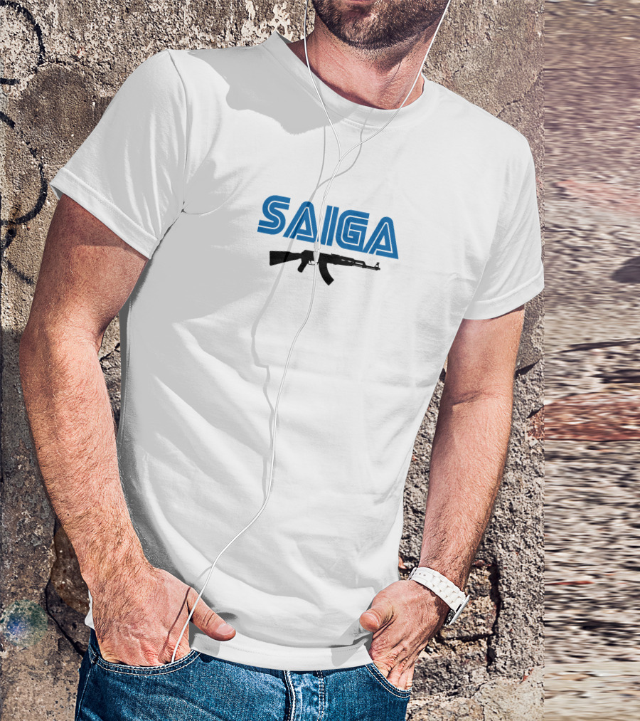 SAIGA AK47 Rifle Bold Blue Text T-Shirt