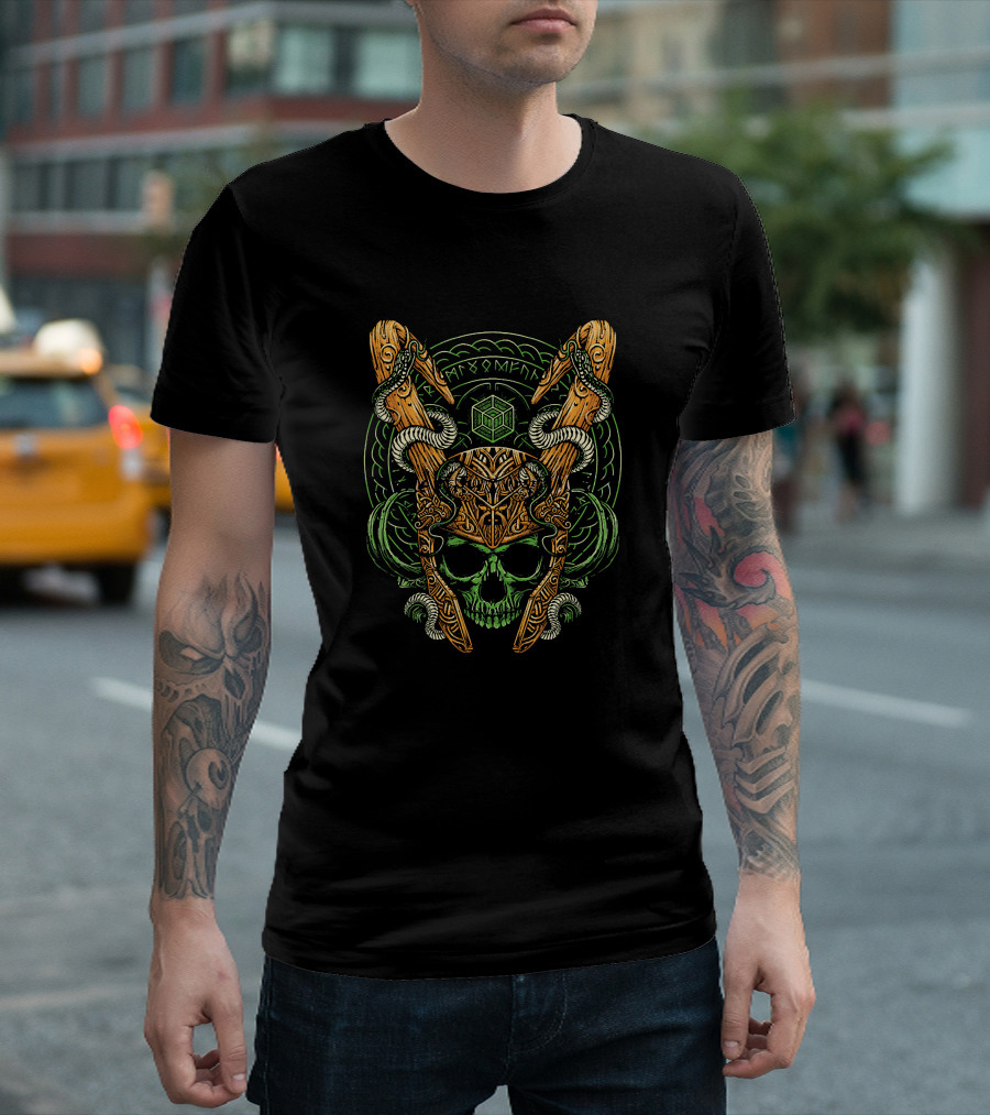 Loki Madness And Mischief Norse Helm Skull Serpents Runes Cube T-Shirt