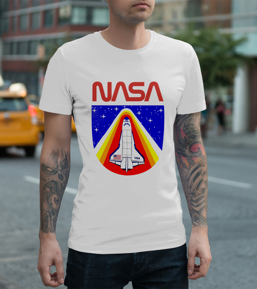 NASA Red Spaceship Emblem with Stars and Rainbow Trail T-Shirt
