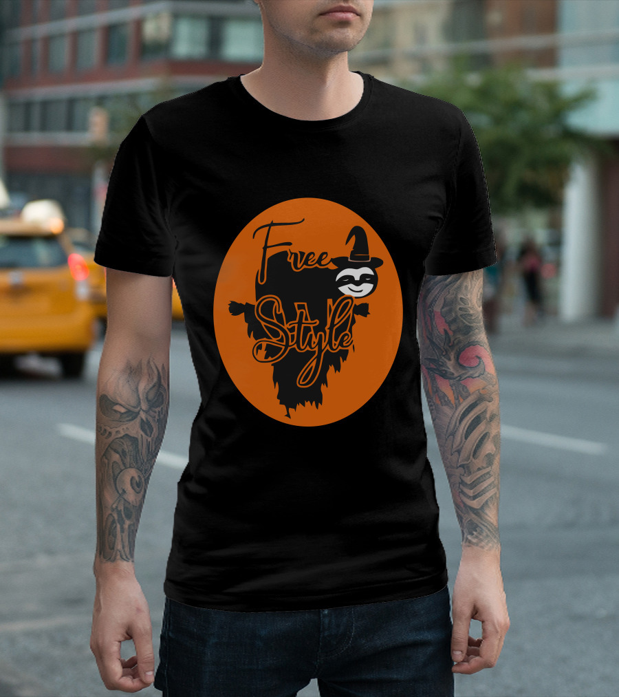 Free Style Halloween Sloth With Witch Hat in Orange Oval T-Shirt