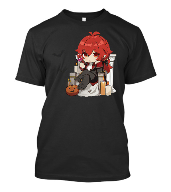 Genshin Impact Diluc Halloween Sitting With Wine And Jack-o'-Lantern T-Shirt