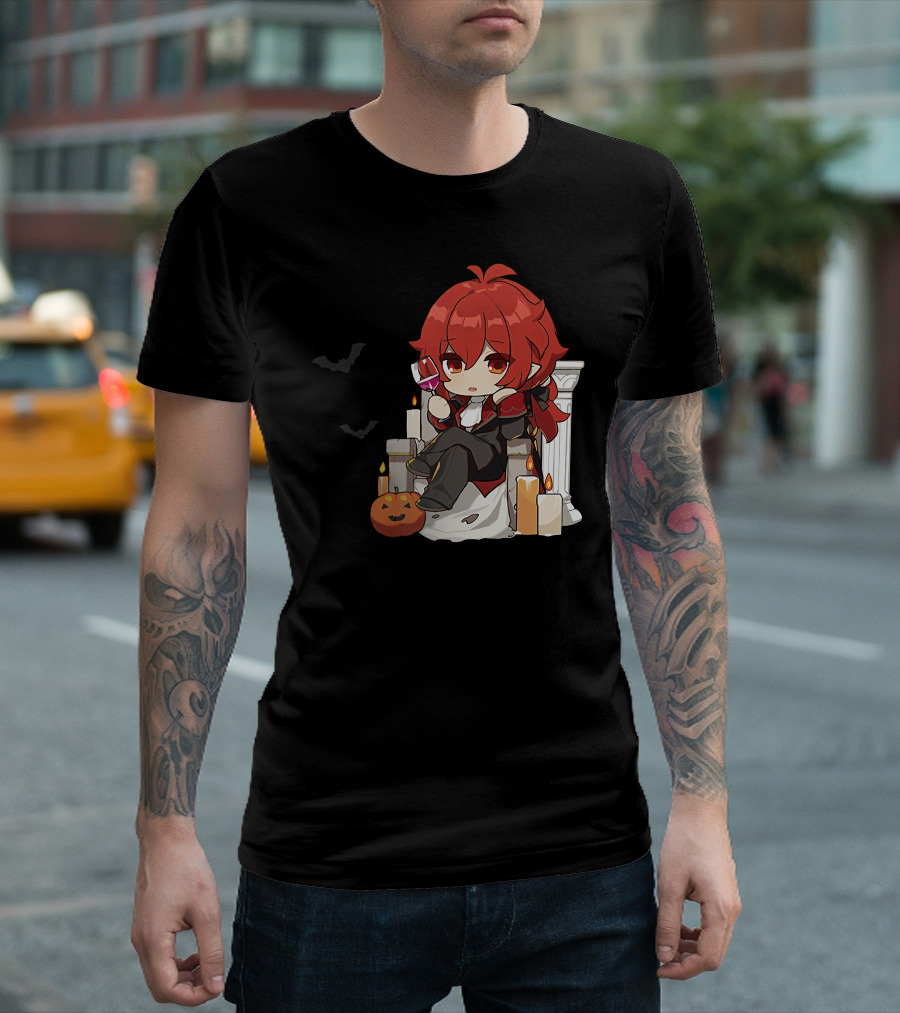 Genshin Impact Diluc Halloween Sitting with Wine and Jack-o'-Lantern T-Shirt