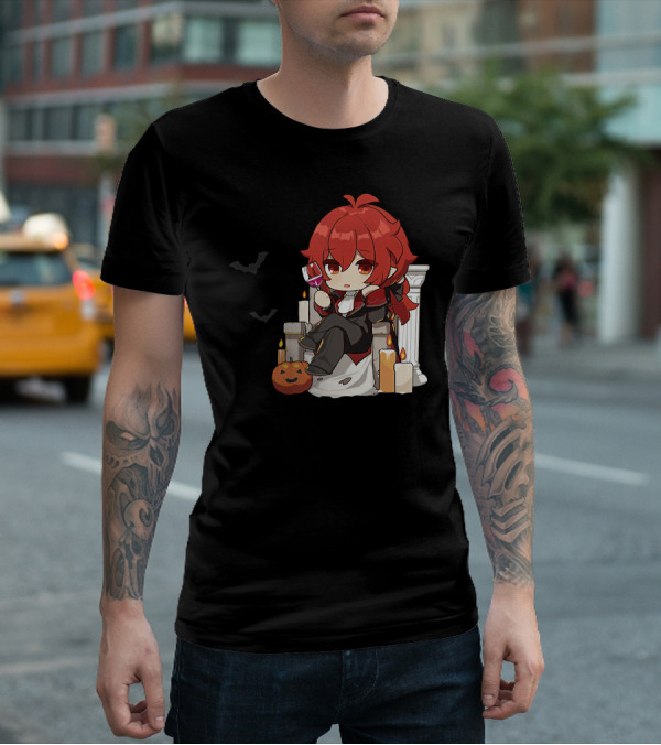 Genshin Impact Diluc Halloween Sitting With Wine And Jack-o'-Lantern T-Shirt