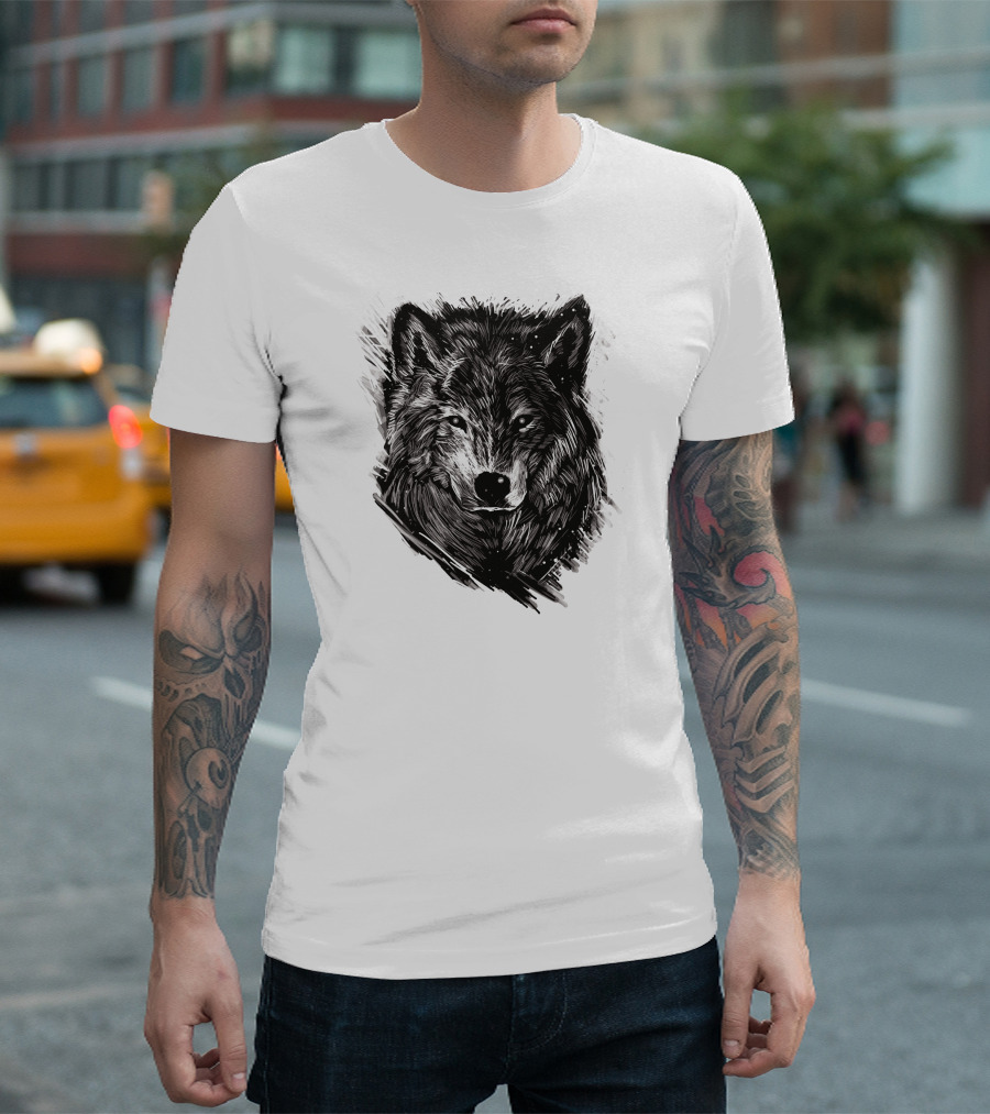 Wolf Sketch Black and White Drawing T-Shirt