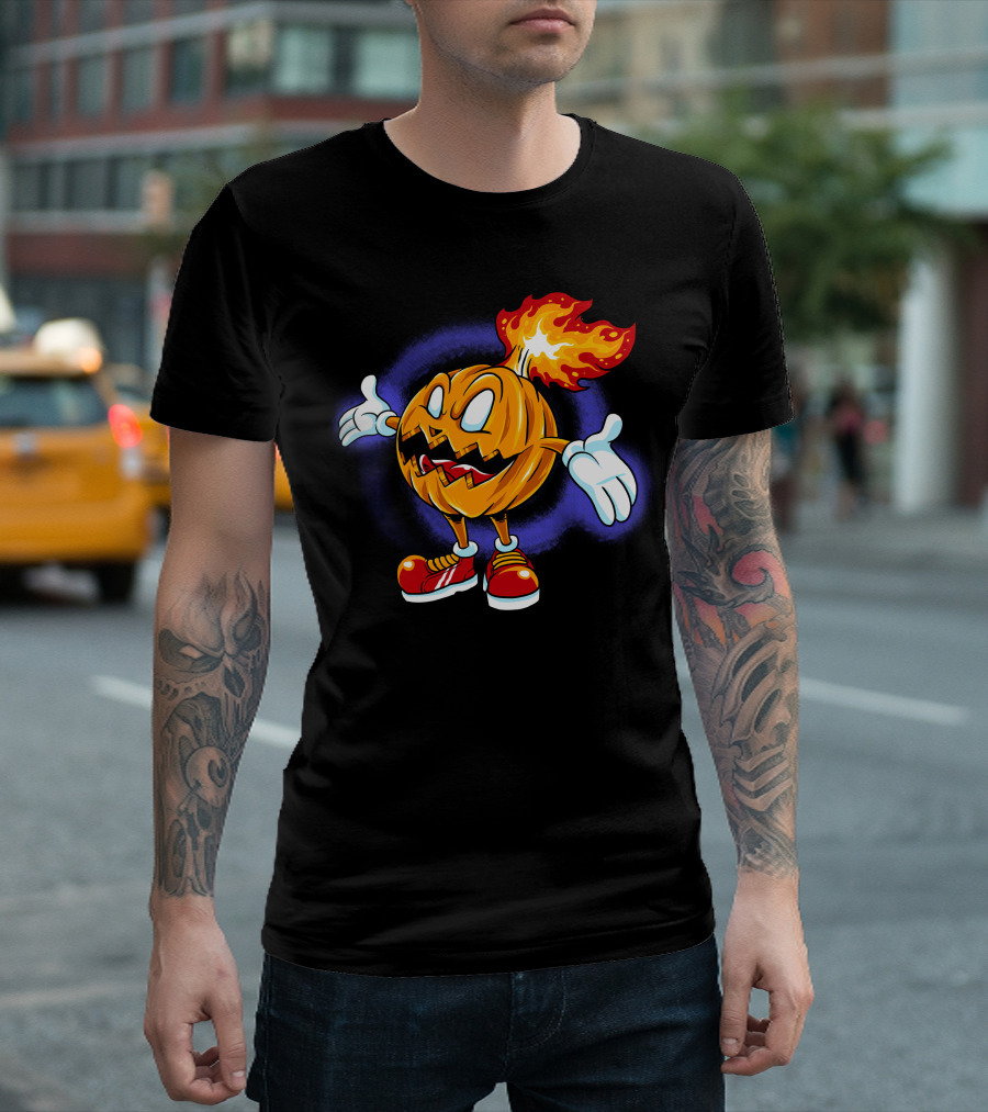 Halloween Pumpkin Fiery Character With Sneakers T-Shirt