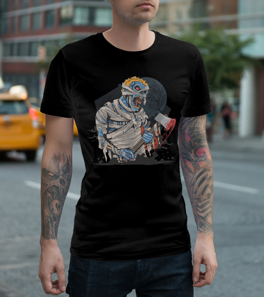 Zombie With Bloody Axe And Tattered Mummy Wrappings Under Full Moon T-Shirt