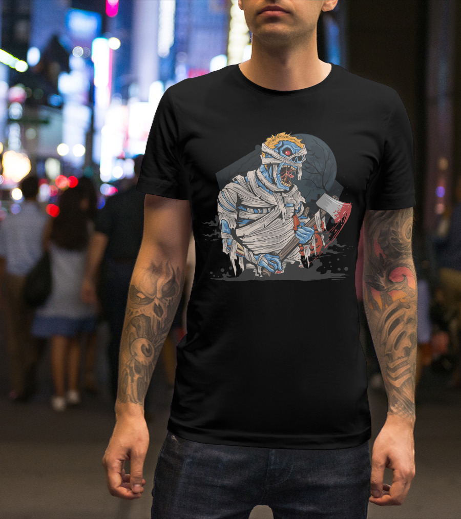 Zombie With Bloody Axe And Tattered Mummy Wrappings Under Full Moon T-Shirt