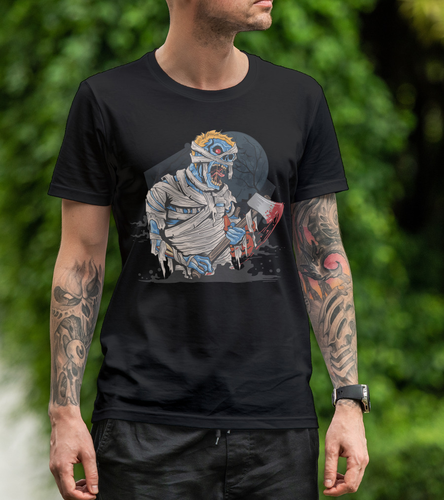 Zombie With Bloody Axe And Tattered Mummy Wrappings Under Full Moon T-Shirt