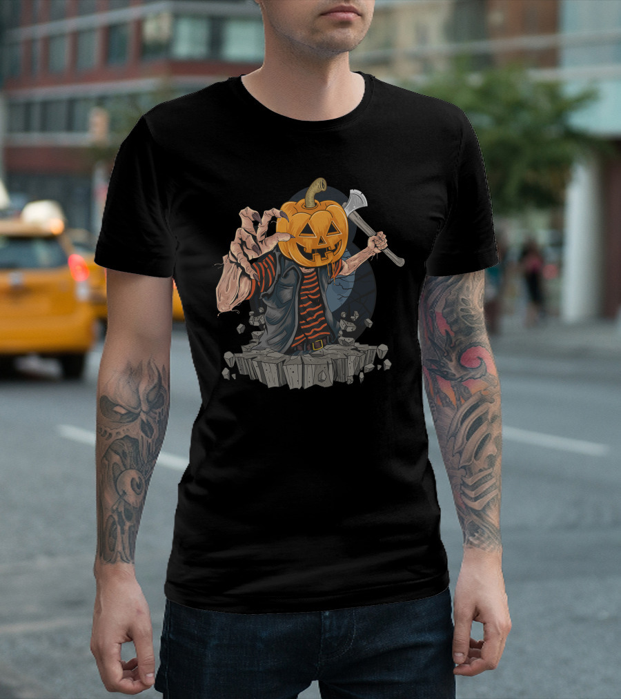Pumpkin Head Zombie with Axe and Striped Shirt Emerging from Ground T-Shirt