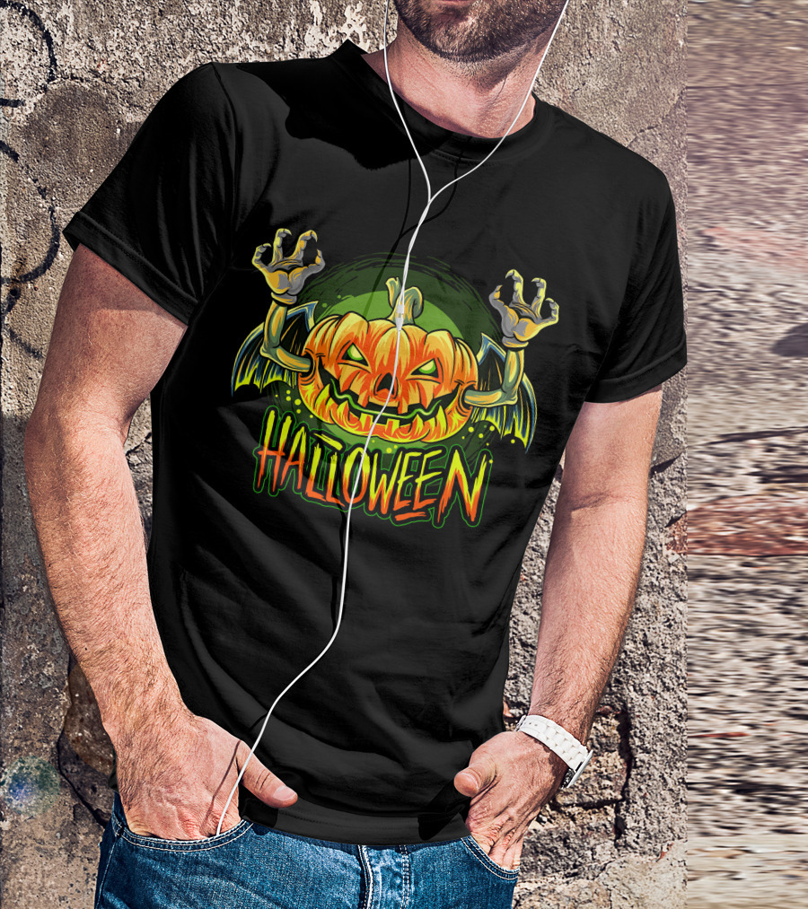 Halloween Pumpkin With Bat Wings And Zombie Hands T-Shirt