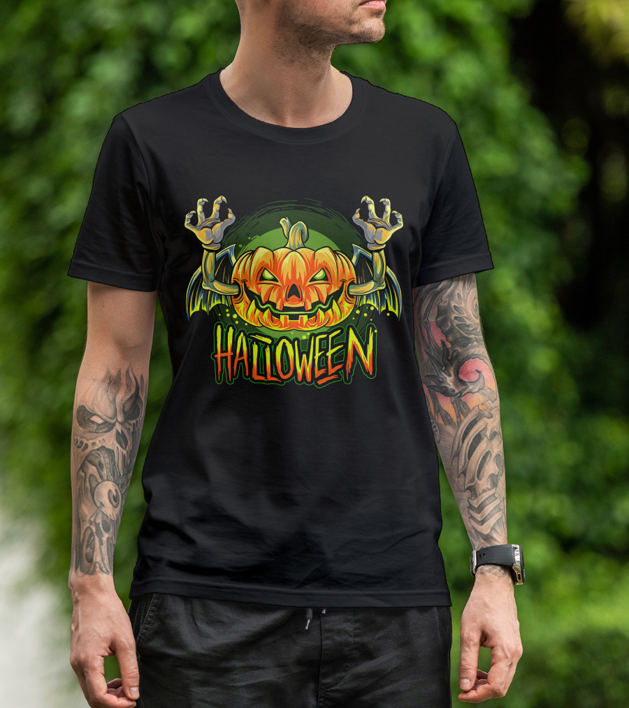 Halloween Pumpkin With Bat Wings And Zombie Hands T-Shirt