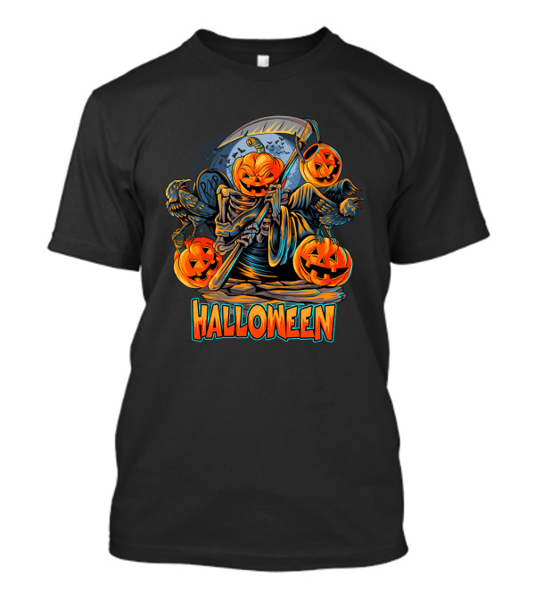 Grim Reaper Jack-O'-Lantern With Scythe And Ravens Halloween Scene T-Shirt