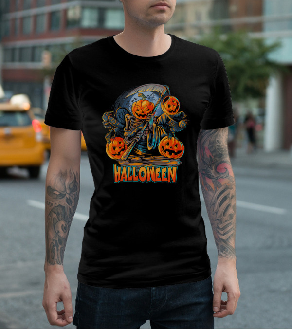 Grim Reaper Jack-O'-Lantern With Scythe And Ravens Halloween Scene T-Shirt