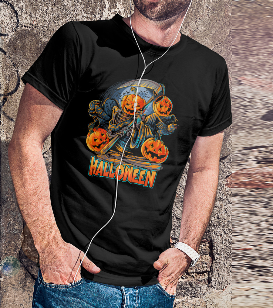 Grim Reaper Jack-O'-Lantern With Scythe And Ravens Halloween Scene T-Shirt