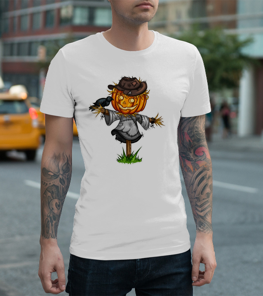Scarecrow Halloween Pumpkin Head with Crow and Tattered Hat T-Shirt
