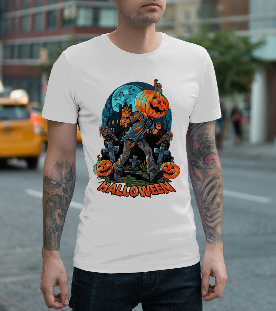 Spooky Halloween Pumpkin Head Costume with Haunted House and Bats T-Shirt