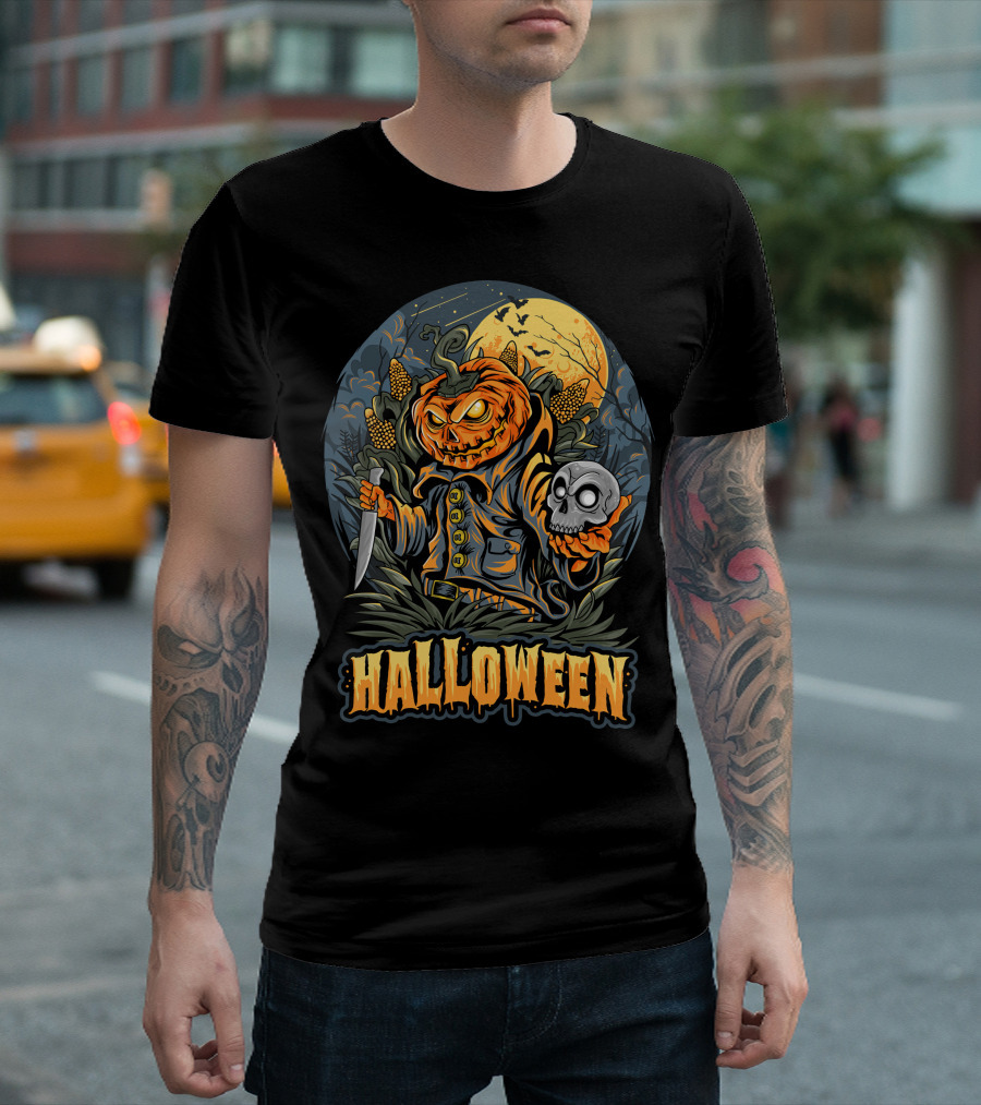 Halloween Pumpkin Head with Knife and Skull in Cornfield Scene T-Shirt