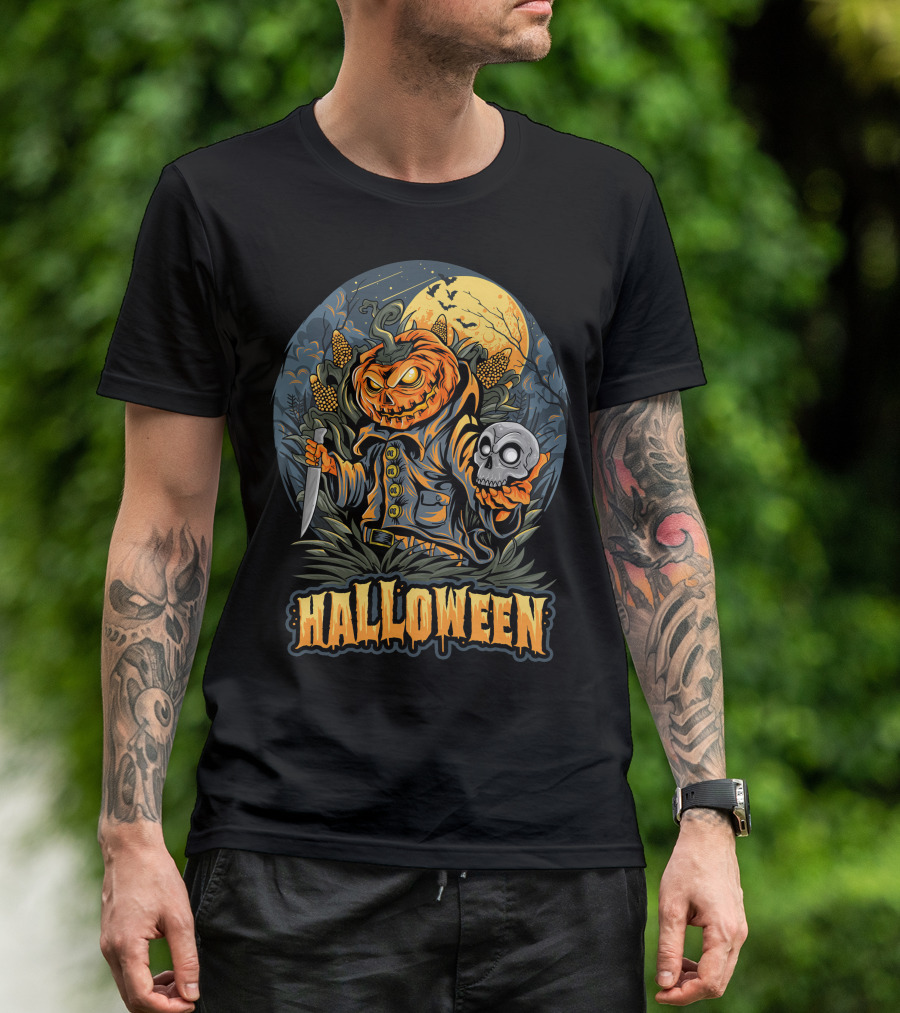 Halloween Pumpkin Head With Knife And Skull In Cornfield Scene T-Shirt