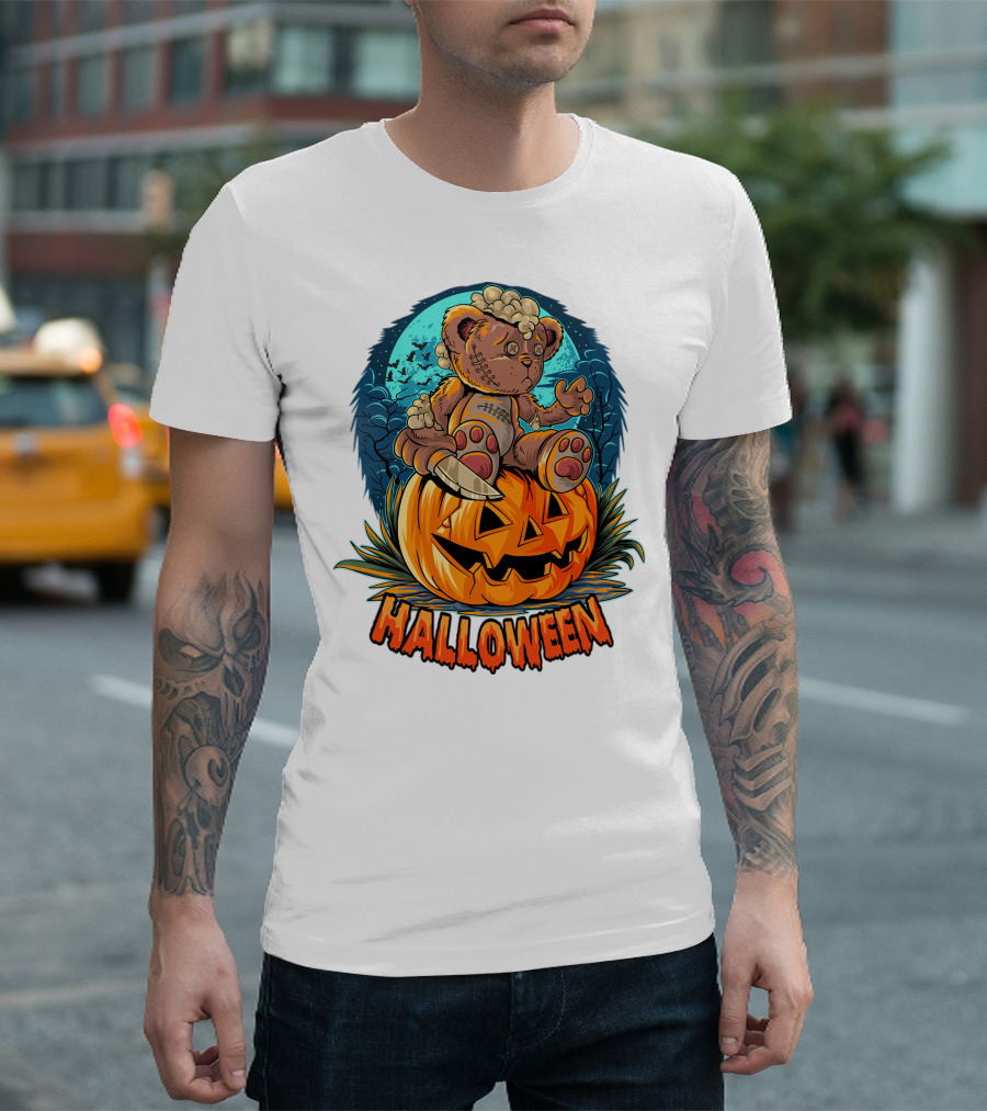 Halloween Teddy Bear on Pumpkin with Moon and Bats T-Shirt